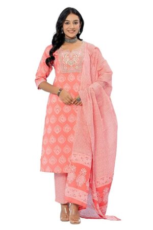Amayra Women's Cotton Embroidered Straight Kurta with Palazzo Pant and Dupatta Set