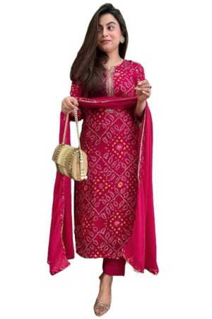 Brand: GoSriKi GoSriKi Women's Rayon Viscose Straight Bandhej Printed Kurta with Pant & Dupatta