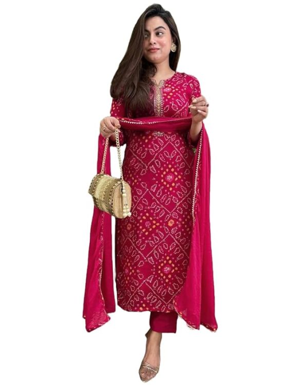 Brand: GoSriKi GoSriKi Women's Rayon Viscose Straight Bandhej Printed Kurta with Pant & Dupatta