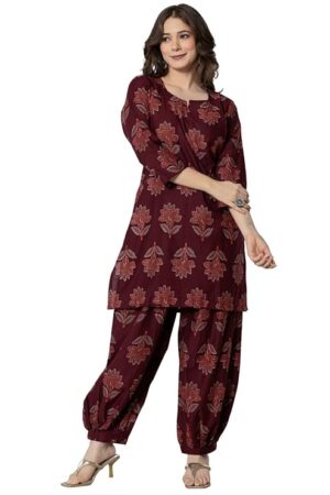 rytras Women's Pure Cotton Printed Straight Kurta Set with Palazzo Pants - Ethnic Wear, Maroon