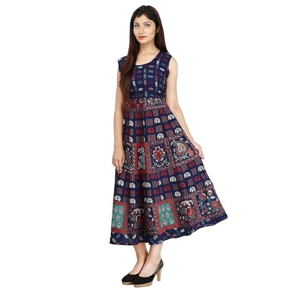 Doraya Women's Cotton Rajasthani Jaipuri Traditional Floral Printed Long Midi Maxi One Piece Dress