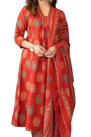 Arayna Women's Pure Cotton Intricate Block Printed Ethnic Wear Kurta Set with Palazzo & Dupatta