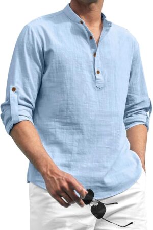 Zombom Cotton Blend Solid Casual Regular Fit Mandarin/Chinese Collor Short Kurta for Men