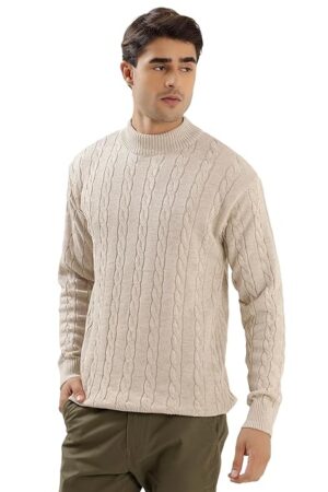 Kvetoo Men's High Neck Cable Knit Sweater | Winter Pullover | Warm Wool Blend |Casual Full Sleeve Sweater for Men | Stylish Ribbed Neck Slim Fit Winterwear